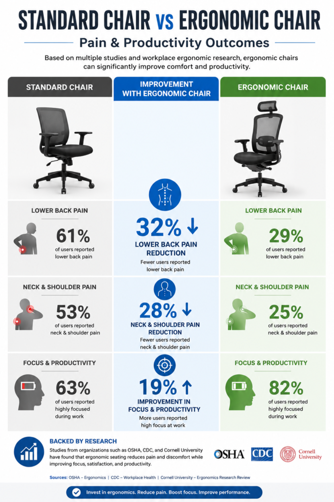 Clinical data showing ergonomic office chairs reduce back pain by 32 percent